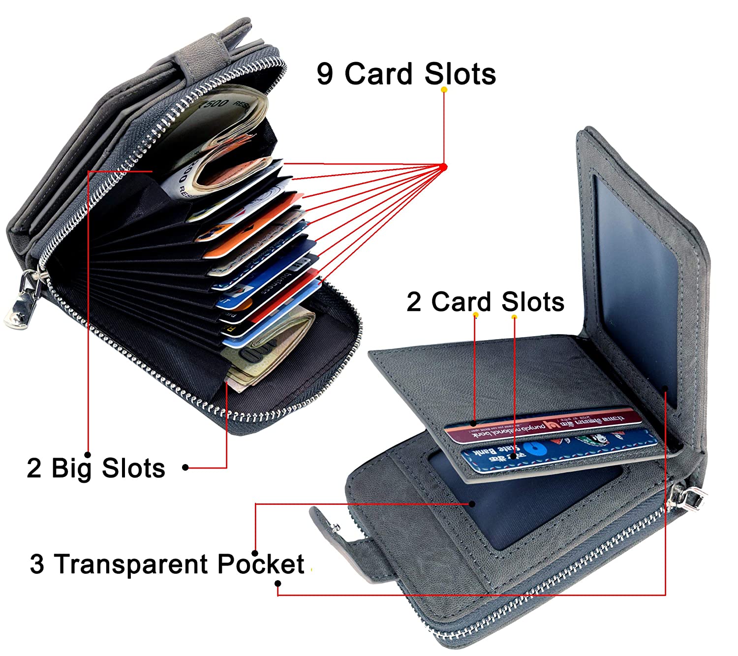 Credit/Debit Card Holder 11 Slot PU Leather Small Zipper Wallet for Men & Women